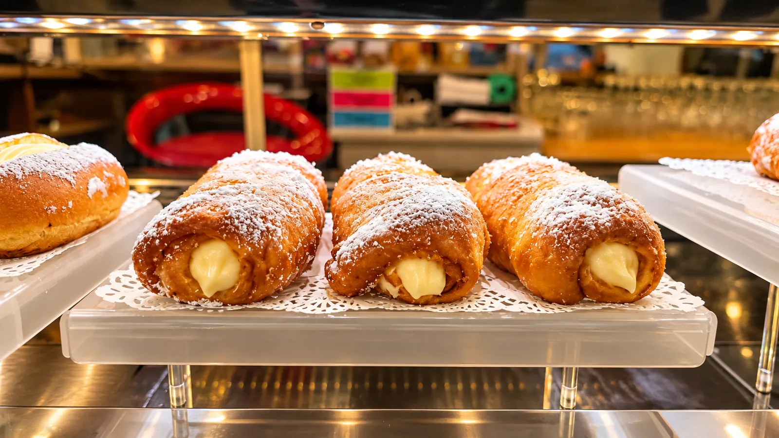 Bomboloni e cornetti alla crema in primo piano