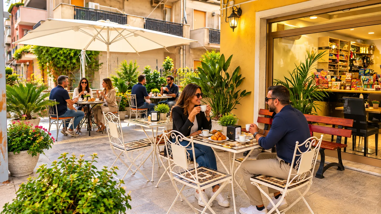 Tavoli all’aperto a Pausa Caffè durante la pausa del pomeriggio