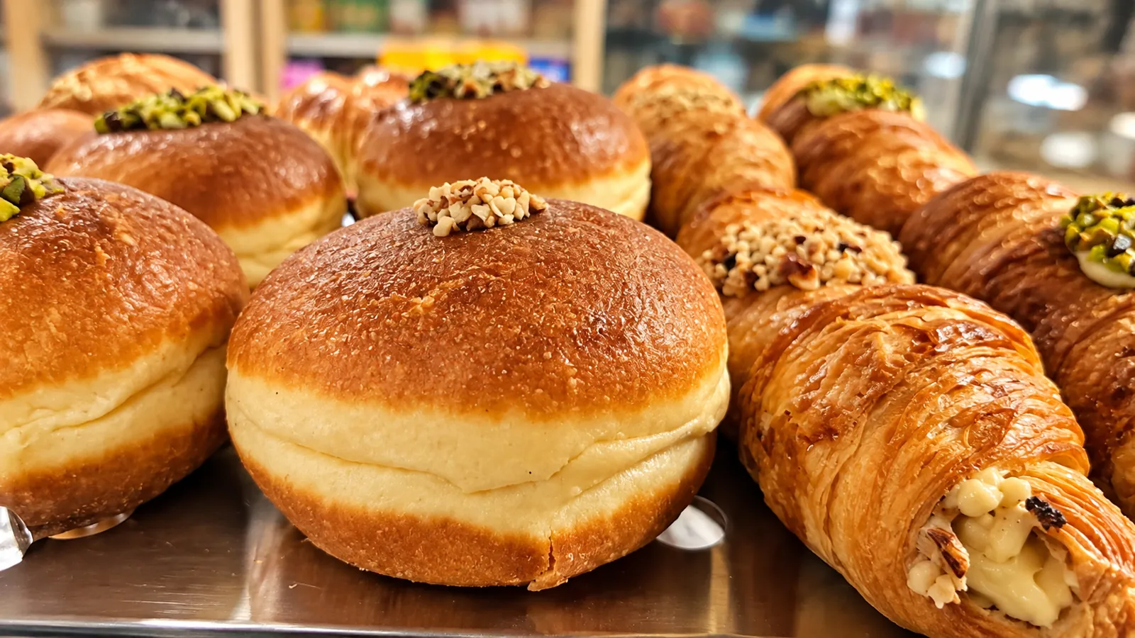 Bomboloni farciti con granella di nocciole e pistacchio e cannoncini alla crema