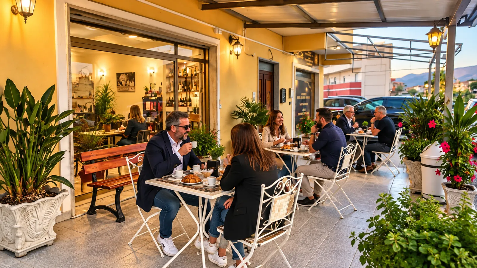 La terrazza di Pausa Caffè al tramonto